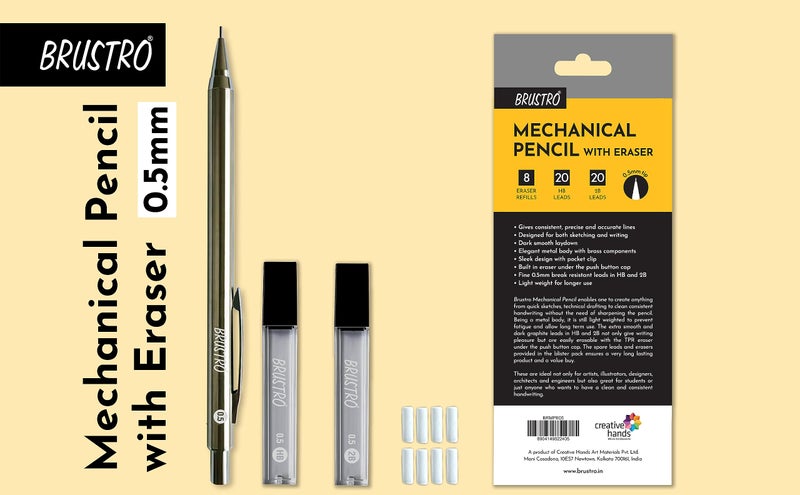 BRUSTRO Mechanical Pencil Set | HB-20 leads, 2B-20 leads, Spare eraser- 8 units|Tip size- 0.5 mm |Ideal for Students,Adults, Home,School,Office,Stationery Use |Writing, Sketching, Drawing, Mandala Art - Image 4