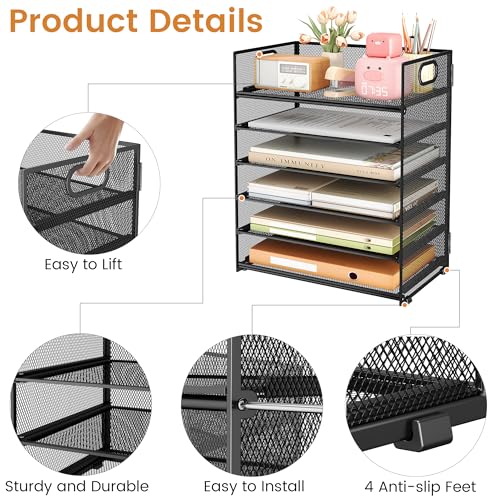 Subekyu 6 Tier Paper File Tray Organizer for Desk, Black Mesh Desk Letter Paper File Folder Accessories Sorter Organizer with Handle, Stackable Slide Tray for Office, Home or School Supplies Storage - Image 5