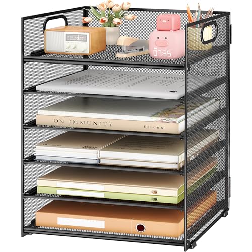 Subekyu 6 Tier Paper File Tray Organizer for Desk, Black Mesh Desk Letter Paper File Folder Accessories Sorter Organizer with Handle, Stackable Slide Tray for Office, Home or School Supplies Storage - Image 1