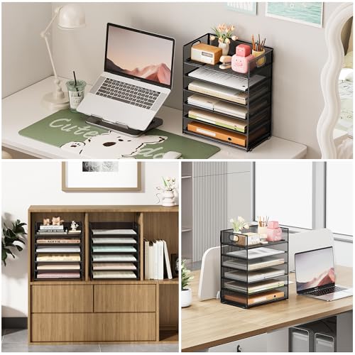 Subekyu 6 Tier Paper File Tray Organizer for Desk, Black Mesh Desk Letter Paper File Folder Accessories Sorter Organizer with Handle, Stackable Slide Tray for Office, Home or School Supplies Storage - Image 4