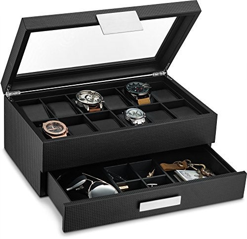 Glenor Co Watch Box with Valet Drawer for Men - 12 Slot Luxury Case Display Organizer, Carbon Fiber Design - Metal Buckle for Mens Jewelry Watches, Men's Storage Boxes Holder has Large Glass Top - Image 1