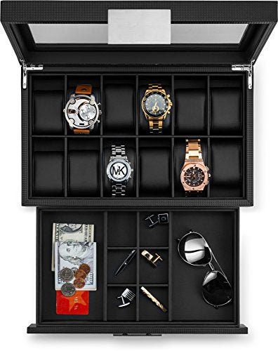 Glenor Co Watch Box with Valet Drawer for Men - 12 Slot Luxury Case Display Organizer, Carbon Fiber Design - Metal Buckle for Mens Jewelry Watches, Men's Storage Boxes Holder has Large Glass Top - Image 3