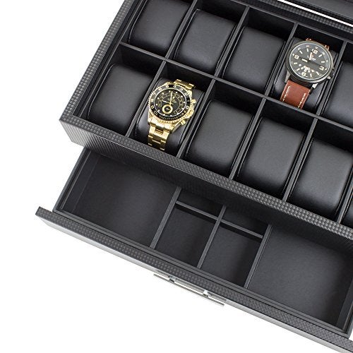 Glenor Co Watch Box with Valet Drawer for Men - 12 Slot Luxury Case Display Organizer, Carbon Fiber Design - Metal Buckle for Mens Jewelry Watches, Men's Storage Boxes Holder has Large Glass Top - Image 5