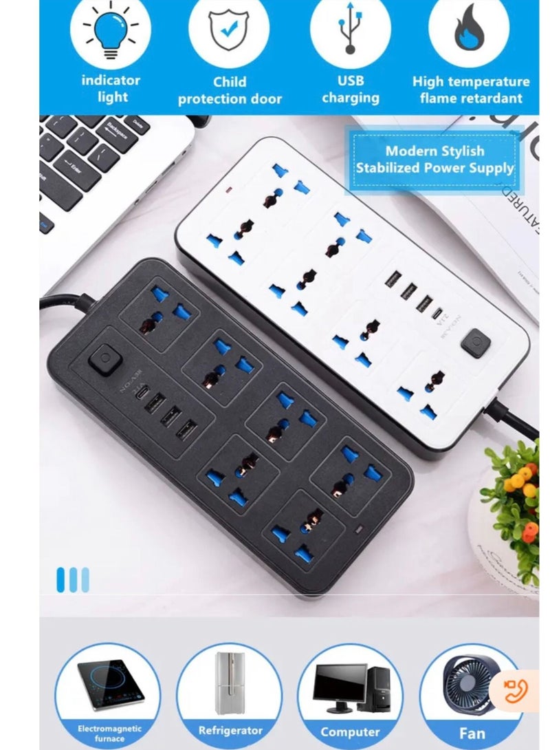 توصيلة كهربائية اقتصادية حديثة بطول 2 متر - مزودة بـ 6 مقابس كهرباء عالمية و3 منافذ USB، موصل طاقة متين وموفر للميزانية للمنزل والمكتب بقوة 2000 واط - Image 1