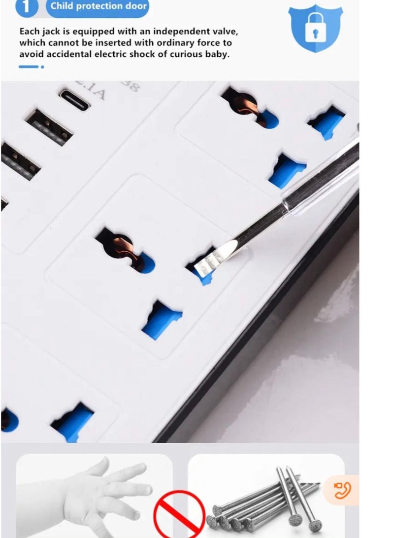 توصيلة كهربائية اقتصادية حديثة بطول 2 متر - مزودة بـ 6 مقابس كهرباء عالمية و3 منافذ USB، موصل طاقة متين وموفر للميزانية للمنزل والمكتب بقوة 2000 واط - Image 2