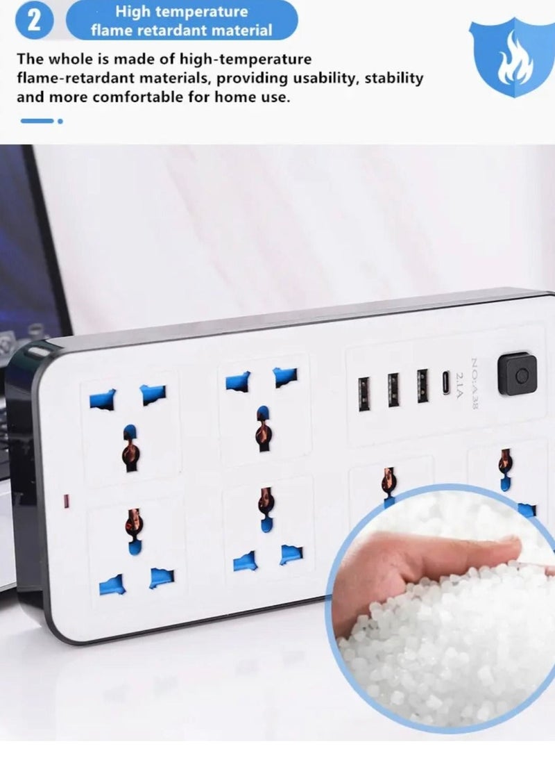 توصيلة كهربائية اقتصادية حديثة بطول 2 متر - مزودة بـ 6 مقابس كهرباء عالمية و3 منافذ USB، موصل طاقة متين وموفر للميزانية للمنزل والمكتب بقوة 2000 واط - Image 3