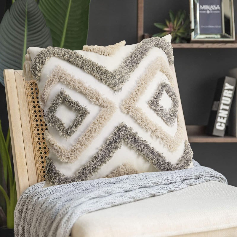 Merrycolor White Grey Boho Pillow Covers 20x20 with Tassels Tufted Decorative Gray Throw Pillows Neutral Modern Accent Pillowcase Farmhouse Square Cushion Covers for Couch Sofa Bedroom Living Room - Image 1