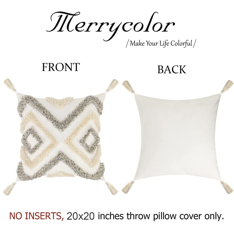 Merrycolor White Grey Boho Pillow Covers 20x20 with Tassels Tufted Decorative Gray Throw Pillows Neutral Modern Accent Pillowcase Farmhouse Square Cushion Covers for Couch Sofa Bedroom Living Room - Image 4