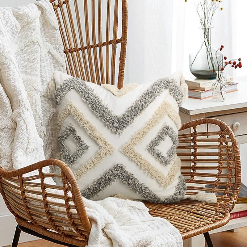 Merrycolor White Grey Boho Pillow Covers 20x20 with Tassels Tufted Decorative Gray Throw Pillows Neutral Modern Accent Pillowcase Farmhouse Square Cushion Covers for Couch Sofa Bedroom Living Room - Image 2