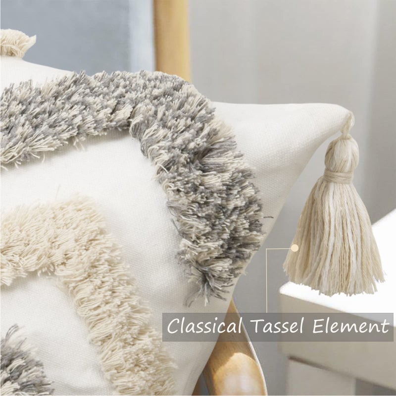 Merrycolor White Grey Boho Pillow Covers 20x20 with Tassels Tufted Decorative Gray Throw Pillows Neutral Modern Accent Pillowcase Farmhouse Square Cushion Covers for Couch Sofa Bedroom Living Room - Image 3