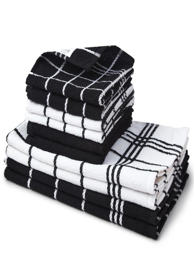Encasa XO Encasa Bath & Kitchen Towels | Hand and Dish Wash Cloth Set | Checkered Cotton Terry Towel for Drying and Cleaning | Pack of 10 - Black Combo - Image 1