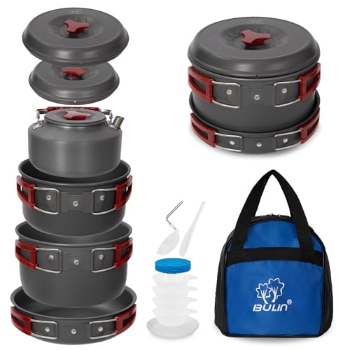 Bulin Camping Cookware Pots and Pans Set, Lightweight Backpacking Cooking Set Outdoor Cook Gear for Family Hiking Picnic (Kettle, Pot, Frying Pan, Bowls, Plates, Spoon) - Image 1