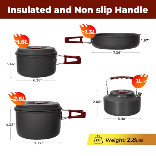 Bulin Camping Cookware Pots and Pans Set, Lightweight Backpacking Cooking Set Outdoor Cook Gear for Family Hiking Picnic (Kettle, Pot, Frying Pan, Bowls, Plates, Spoon) - Image 2