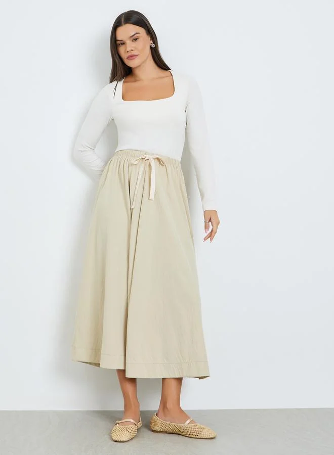 Take Two Beige Drawstring Waist Pleated Skirt