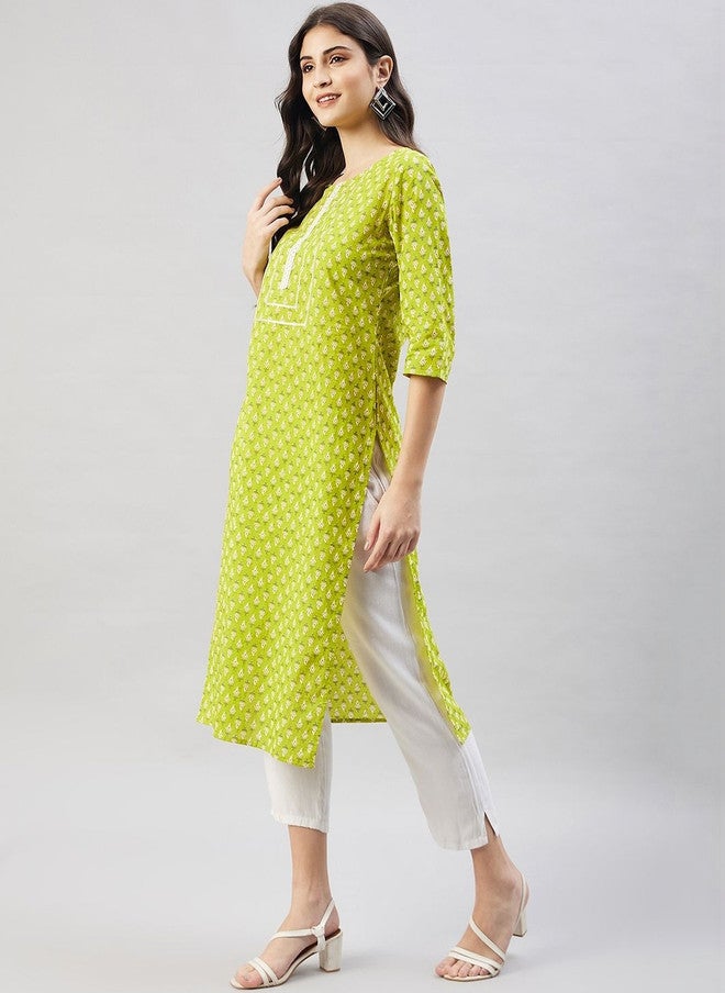 WineRed Women Ethnic Motifs Printed Mirror Work Kurta in Green - Image 2