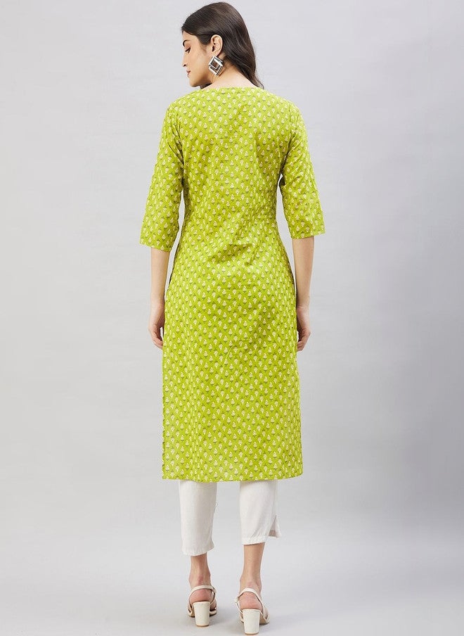 WineRed Women Ethnic Motifs Printed Mirror Work Kurta in Green - Image 3