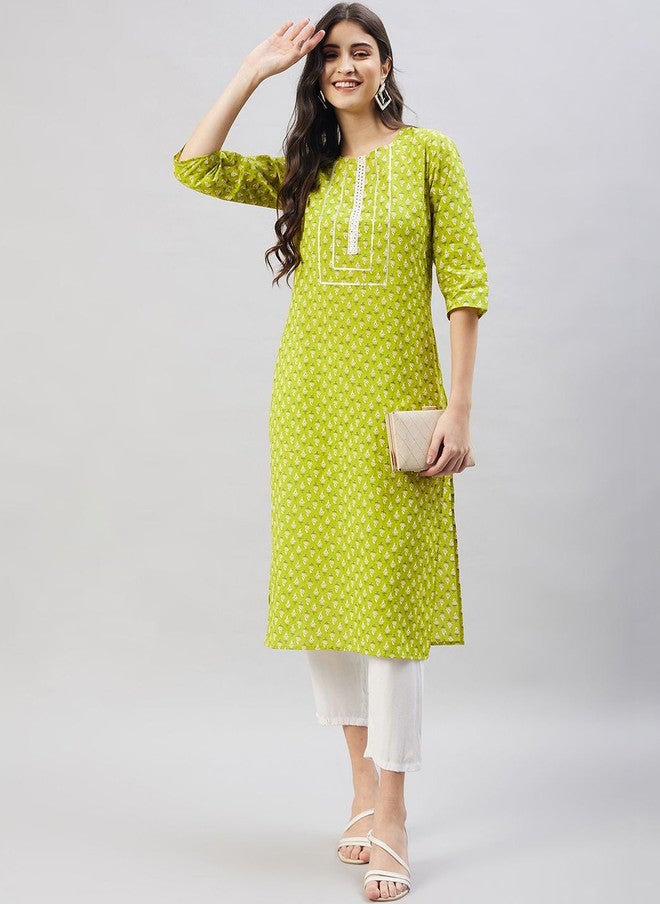 WineRed Women Ethnic Motifs Printed Mirror Work Kurta in Green - Image 1
