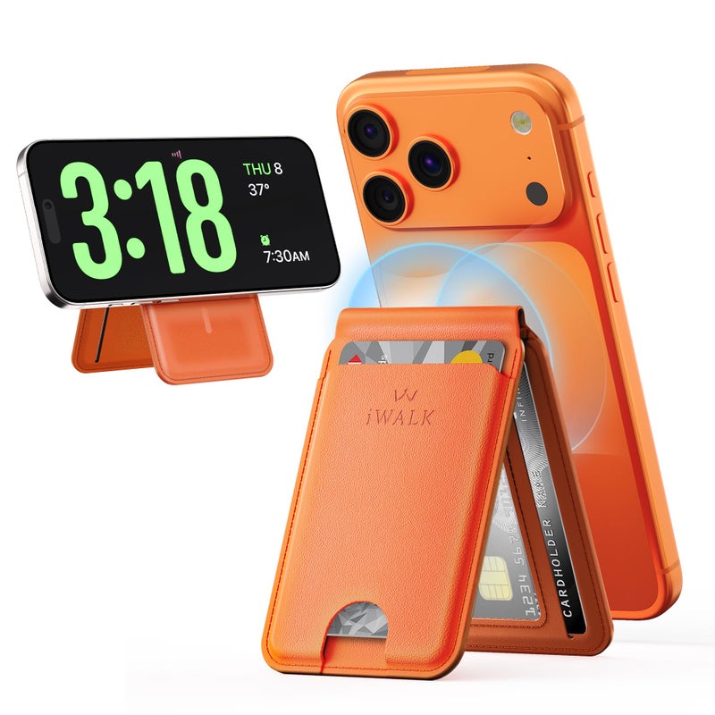 iWALK Stronger Magnetic Wallet, Upgraded for MagSafe Wallet, RFID Blocking, 5 Card Holder with Adjustable Stand, Slim Leather Phone Wallets for iPhone 17/16/15/14/13/12 Series, iPhone Wallets Orange - Image 1