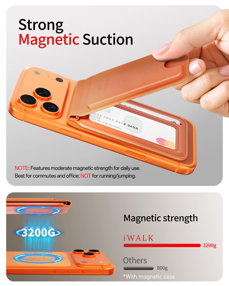 iWALK Stronger Magnetic Wallet, Upgraded for MagSafe Wallet, RFID Blocking, 5 Card Holder with Adjustable Stand, Slim Leather Phone Wallets for iPhone 17/16/15/14/13/12 Series, iPhone Wallets Orange - Image 2