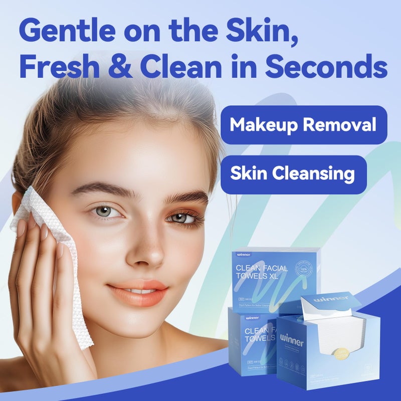 Winner مناديل وجه وينر، 100% قطن أمريكي قابل للتخلص، مناديل وجه نظيفة XL، خالية من الروائح، مناديل إزالة مكياج فائقة النعومة للبشرة الحساسة، قابلة للتحلل، 55 قطعة، عبوة واحدة - Image 4