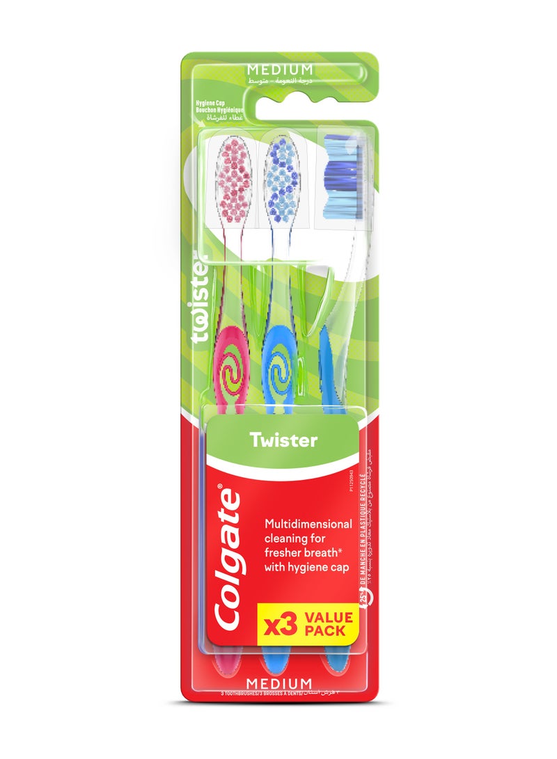 Colgate Toothbrush Twister Medium With Hygiene Caps Pack of 3