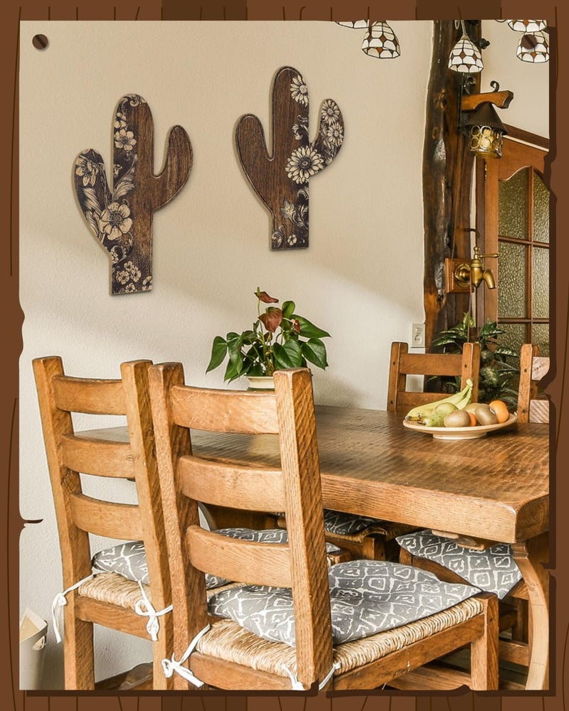 Putuo Decor 2 Pieces Aztec Cactus Decor  Farmhouse Wall Decor  Rustic Flower Patterns Wood Home Decor for Living room  Bedroom  Bathroom  Western Decor - Image 4
