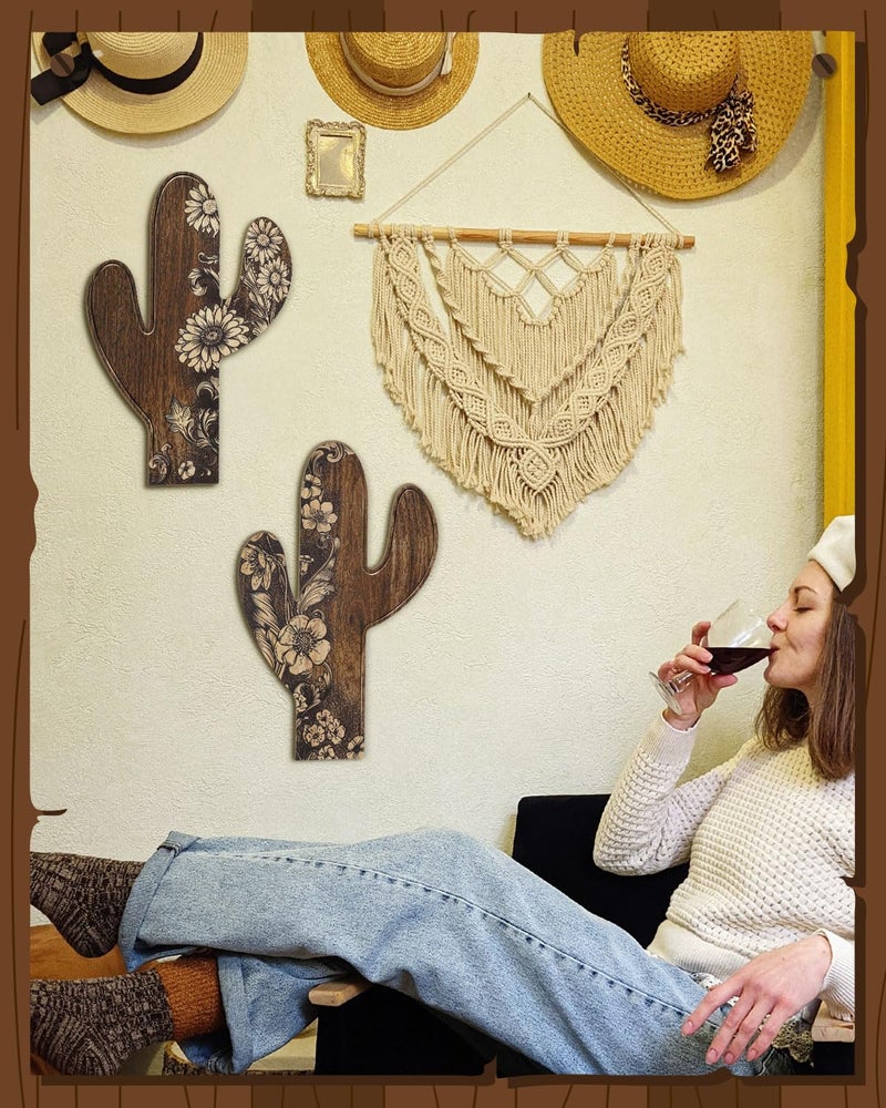 Putuo Decor 2 Pieces Aztec Cactus Decor  Farmhouse Wall Decor  Rustic Flower Patterns Wood Home Decor for Living room  Bedroom  Bathroom  Western Decor - Image 5