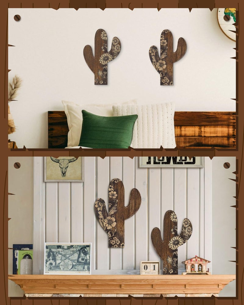 Putuo Decor 2 Pieces Aztec Cactus Decor  Farmhouse Wall Decor  Rustic Flower Patterns Wood Home Decor for Living room  Bedroom  Bathroom  Western Decor - Image 3