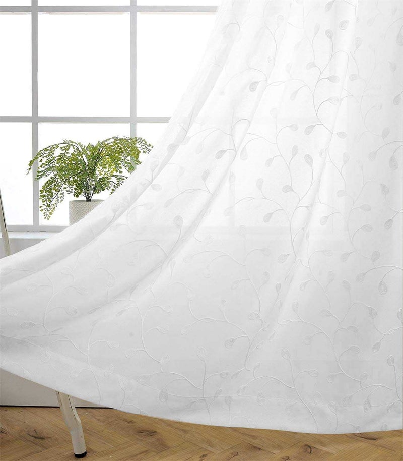 MIUCO Floral Embroidered Semi Sheer Curtains Faux Linen Grommet Window Curtains for Bedroom Living Room 84 Inches Long 2 Panels, Pure White - Image 1