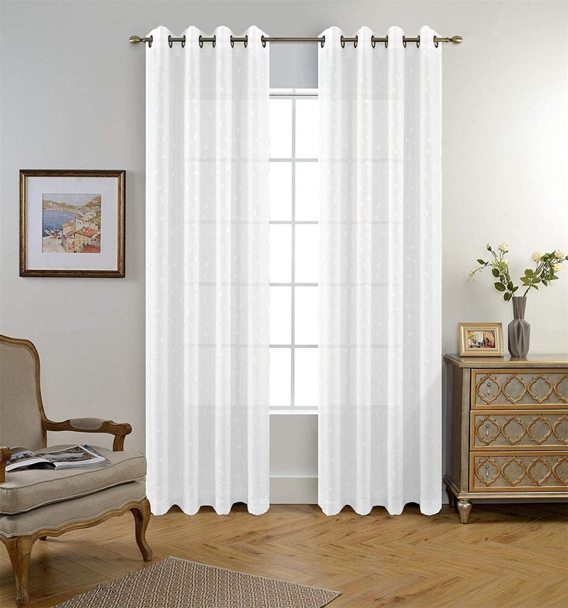 MIUCO Floral Embroidered Semi Sheer Curtains Faux Linen Grommet Window Curtains for Bedroom Living Room 84 Inches Long 2 Panels, Pure White - Image 2