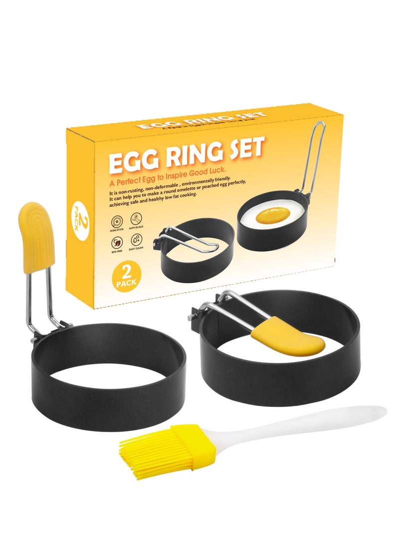 YANCI Egg Rings For Breakfast,Mini Pancakes,Fried Eggs,2 Pack Egg Pancake Maker Molds With 1 Brush,Stainless Steel Non Stick Metal 2 Shapes Mold With Yellow Silicone Handle - Image 1
