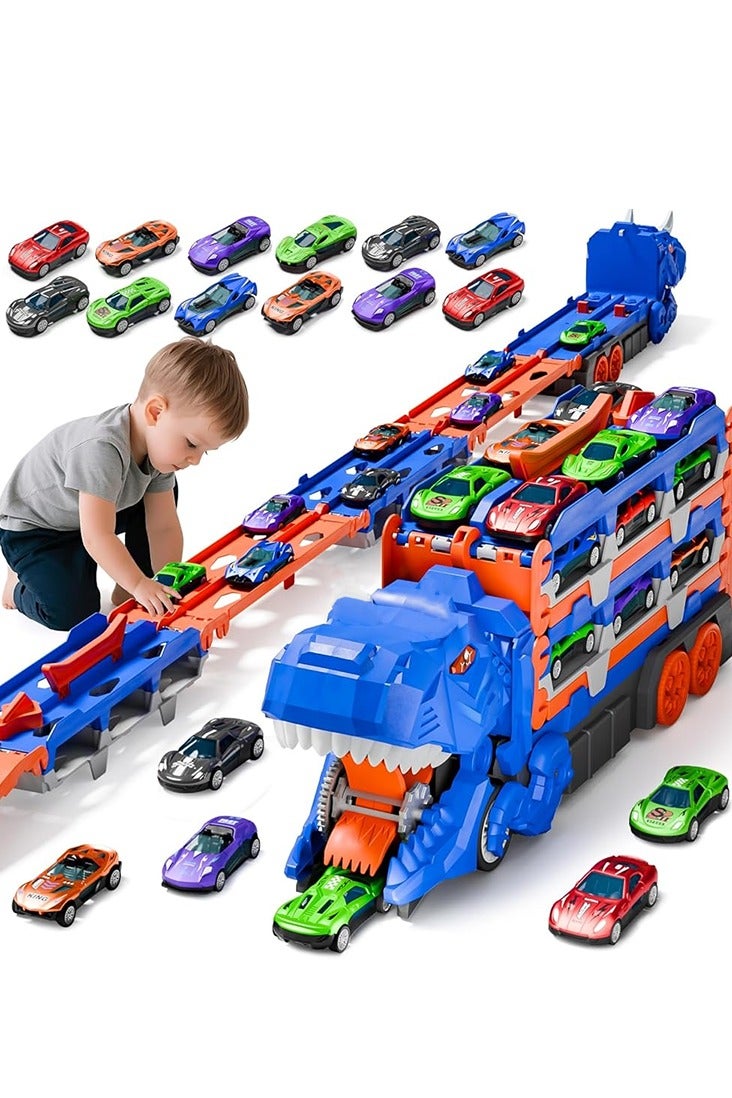 أوزيغالور مجموعة ألعاب شاحنات للأطفال الصغار من سن 3 إلى 8 سنوات، هدايا للأطفال، شاحنة نقل ديناصورات قابلة للتحويل مع 12 سيارة لعبة (نمط عشوائي) - Image 1