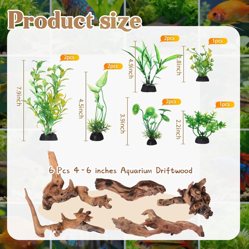 Solsew 16 Pcs Aquarium Decor Fish Tank Decorations Include 6 Small Natural Coral Driftwood Spiderwood and 10 Green Plastic Plants for Reptile Terrarium Accessories Goldfish Tank Decor - Image 3