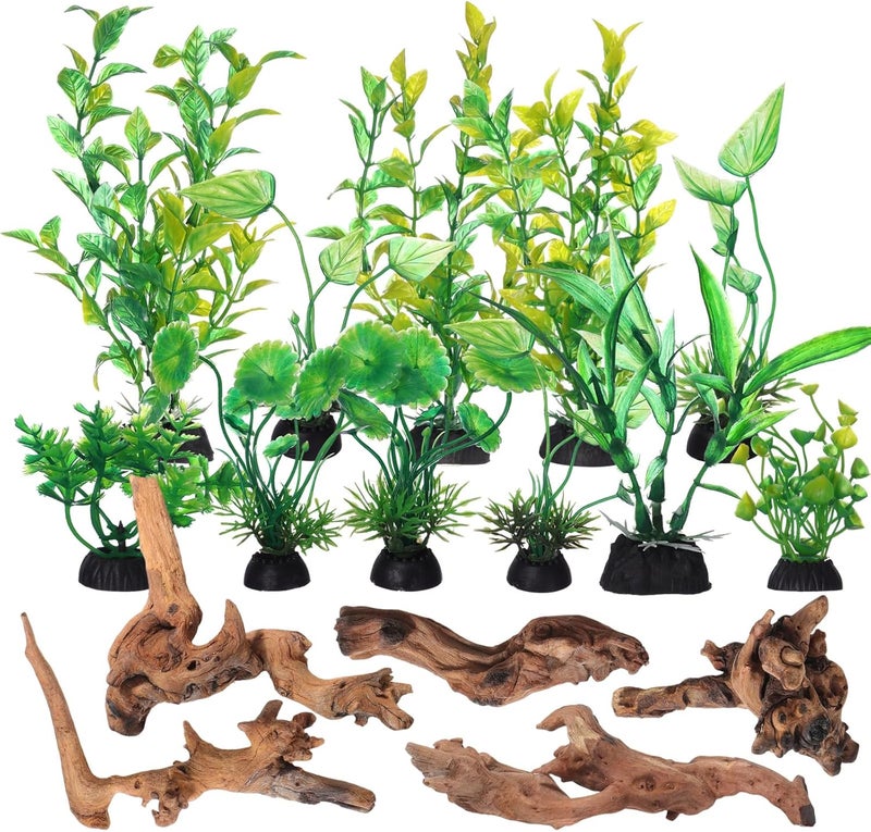 Solsew 16 Pcs Aquarium Decor Fish Tank Decorations Include 6 Small Natural Coral Driftwood Spiderwood and 10 Green Plastic Plants for Reptile Terrarium Accessories Goldfish Tank Decor - Image 1