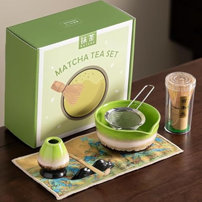 Fohome Matcha Set 7Pcs Ceramic Matcha Whisk Set With Matcha Bowl Bamboo Whisk And Holder Tea Towel Bamboo Scoop Sifter Tea Making KitGift For Matcha LoverFriendFamily - Image 1