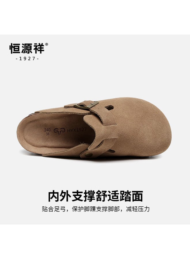 Hengyuanxiang Birkenstock Men's Half-slip Thick Sole Genuine Leather Slip-on Women's Cork Toe Sandals Cowhide Outdoor Coffee Color Size 39