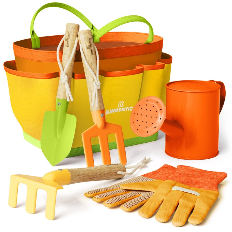 Kinderific Gardening Set, Tool Kit, for Kids, STEM, Includes Tote Bag, Spade, Watering Can, Rake, Fork, Trowel and Gloves (Sunshine) - Image 1