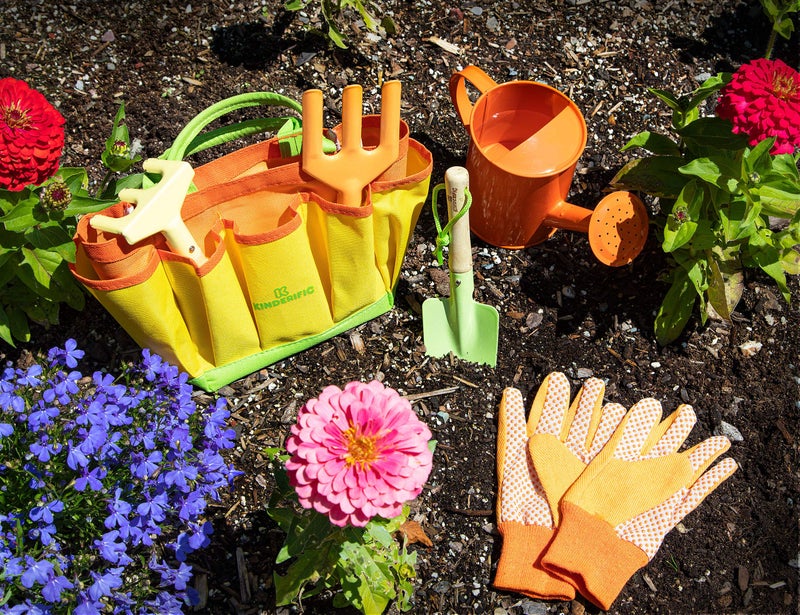 Kinderific Gardening Set, Tool Kit, for Kids, STEM, Includes Tote Bag, Spade, Watering Can, Rake, Fork, Trowel and Gloves (Sunshine) - Image 5