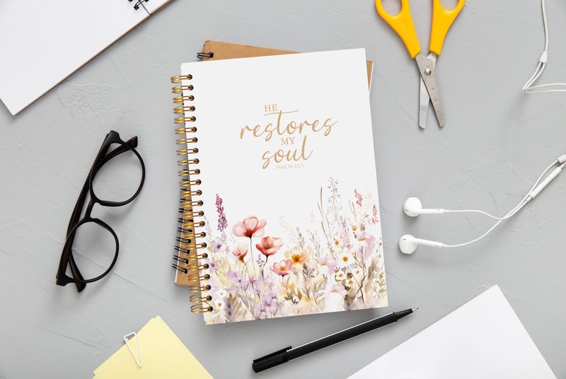 Ecezatik Christian Notebook for Women, Prayer Journal for Women, Bible Journaling Notebook, PSALM 23:3 He Restores My Soul Floral Spiral Notebook 5.5x8.3 - Image 2