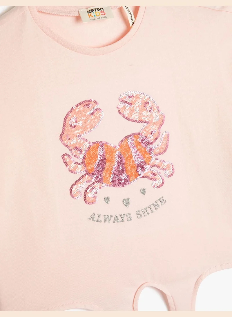 كوتون T-Shirt Tie-Front Detail Short Sleeve Crab Sequined Cotton