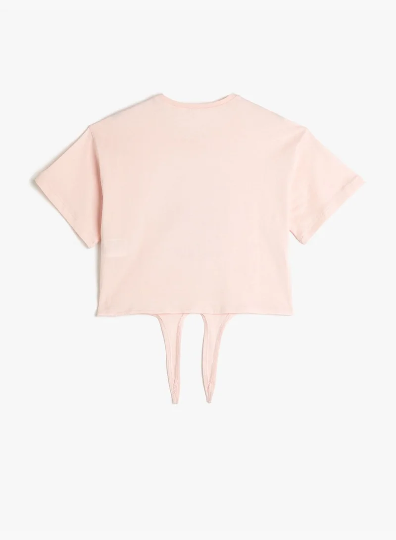 كوتون T-Shirt Tie-Front Detail Short Sleeve Crab Sequined Cotton