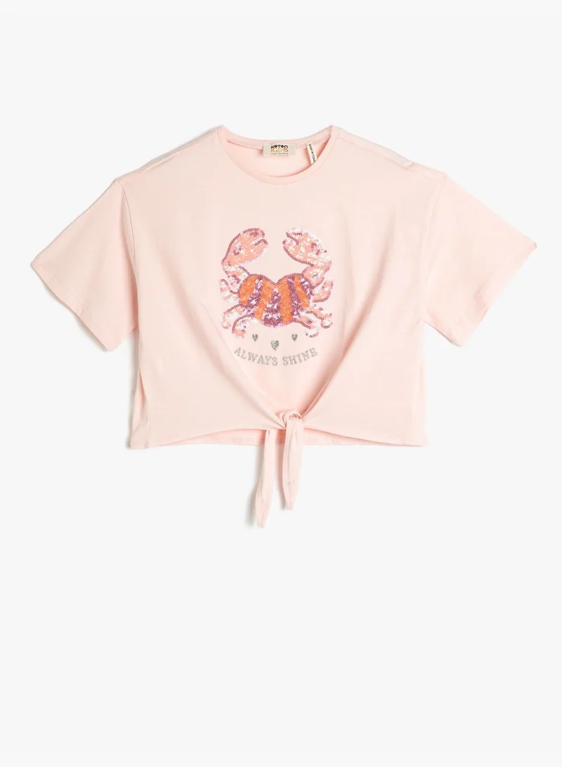 كوتون T-Shirt Tie-Front Detail Short Sleeve Crab Sequined Cotton