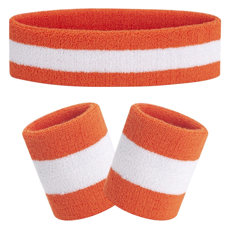 FACATH Headbands Wristbands for Women Men Girls Boys for Gym Workout & Yoga, Super Comfy Sports Sweatbands for Football Baseball Basketball Soccer Boxing & Tennis (Orange/White/Orange) - Image 1