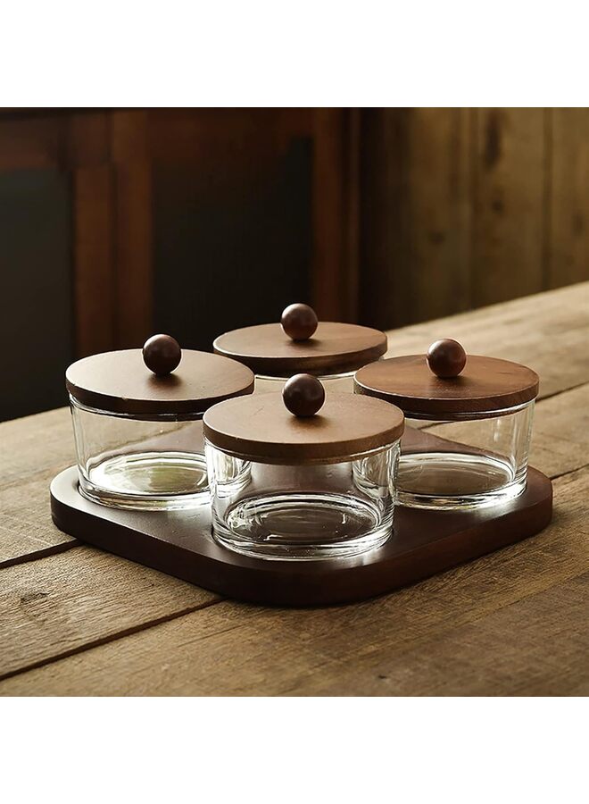 مجموعة تقديم الصلصات، أطباق تقديم الصلصات الزجاجية، طبق تقديم الوجبات الخفيفة والحلوى والفواكه والمكسرات مع صينية خشبية للتوابل والأطباق الجانبية والحلويات والصلصة (الحجم: 4 فتحات) - Image 2