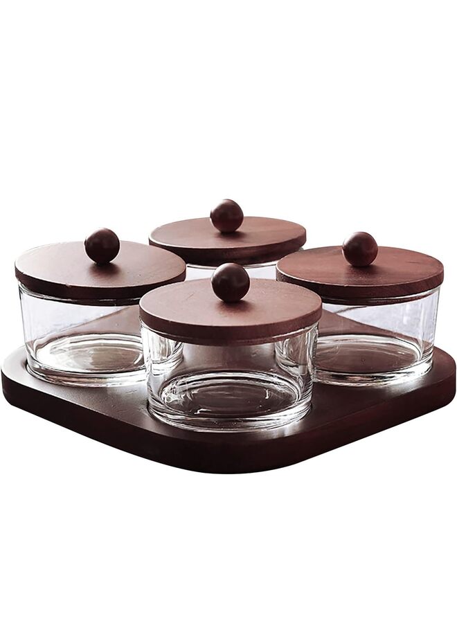مجموعة تقديم الصلصات، أطباق تقديم الصلصات الزجاجية، طبق تقديم الوجبات الخفيفة والحلوى والفواكه والمكسرات مع صينية خشبية للتوابل والأطباق الجانبية والحلويات والصلصة (الحجم: 4 فتحات) - Image 1