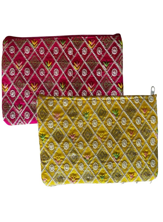 SwapKreations Premium Embellished Ethnic Design Zipper Pouch | Magenta, Yellow | Set of 2 | Ethnic Wedding Gift, Makeup, Coin & Travel Organizer - Image 1