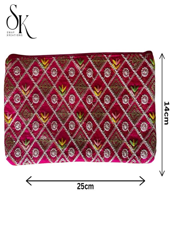 SwapKreations Premium Embellished Ethnic Design Zipper Pouch | Magenta, Yellow | Set of 2 | Ethnic Wedding Gift, Makeup, Coin & Travel Organizer - Image 4