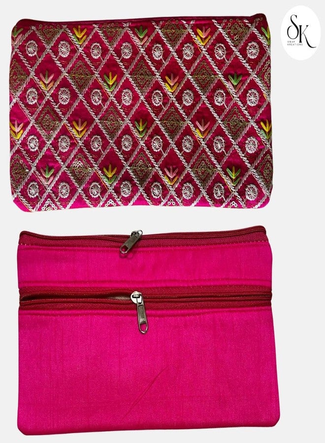SwapKreations Premium Embellished Ethnic Design Zipper Pouch | Magenta, Yellow | Set of 2 | Ethnic Wedding Gift, Makeup, Coin & Travel Organizer - Image 3