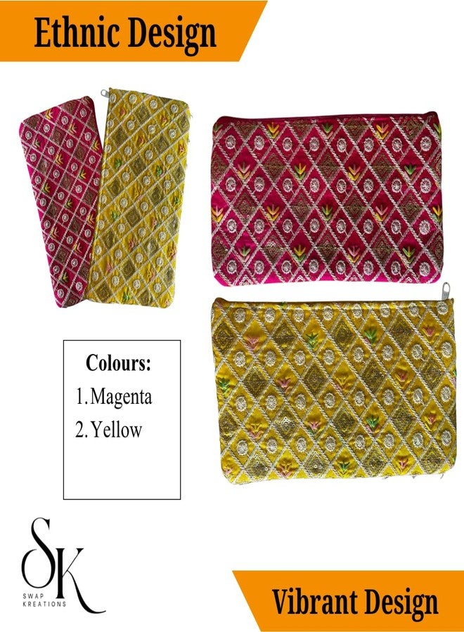 SwapKreations Premium Embellished Ethnic Design Zipper Pouch | Magenta, Yellow | Set of 2 | Ethnic Wedding Gift, Makeup, Coin & Travel Organizer - Image 2