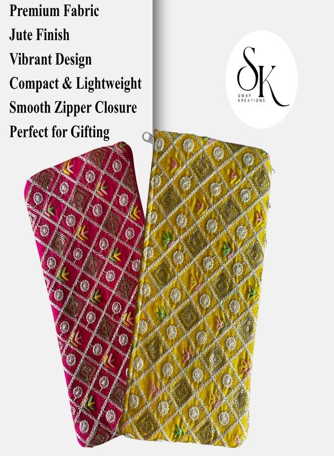 SwapKreations Premium Embellished Ethnic Design Zipper Pouch | Magenta, Yellow | Set of 2 | Ethnic Wedding Gift, Makeup, Coin & Travel Organizer - Image 5